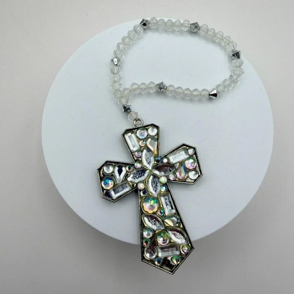 Vintage Silver Tone Beaded Cross Charm Bracelet Rhinestone Crystal‎ AB Statement